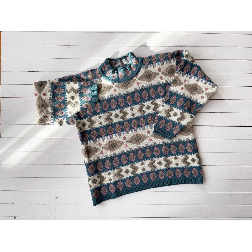striped wool sweater vtg teal brown pink geometric pattern mockneck sweater